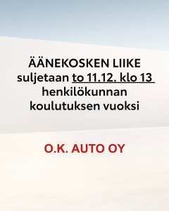 Äänekosken automyynti ja huolto suljetaan poikkeuksellisesti jo klo 13 torstaina 11.12